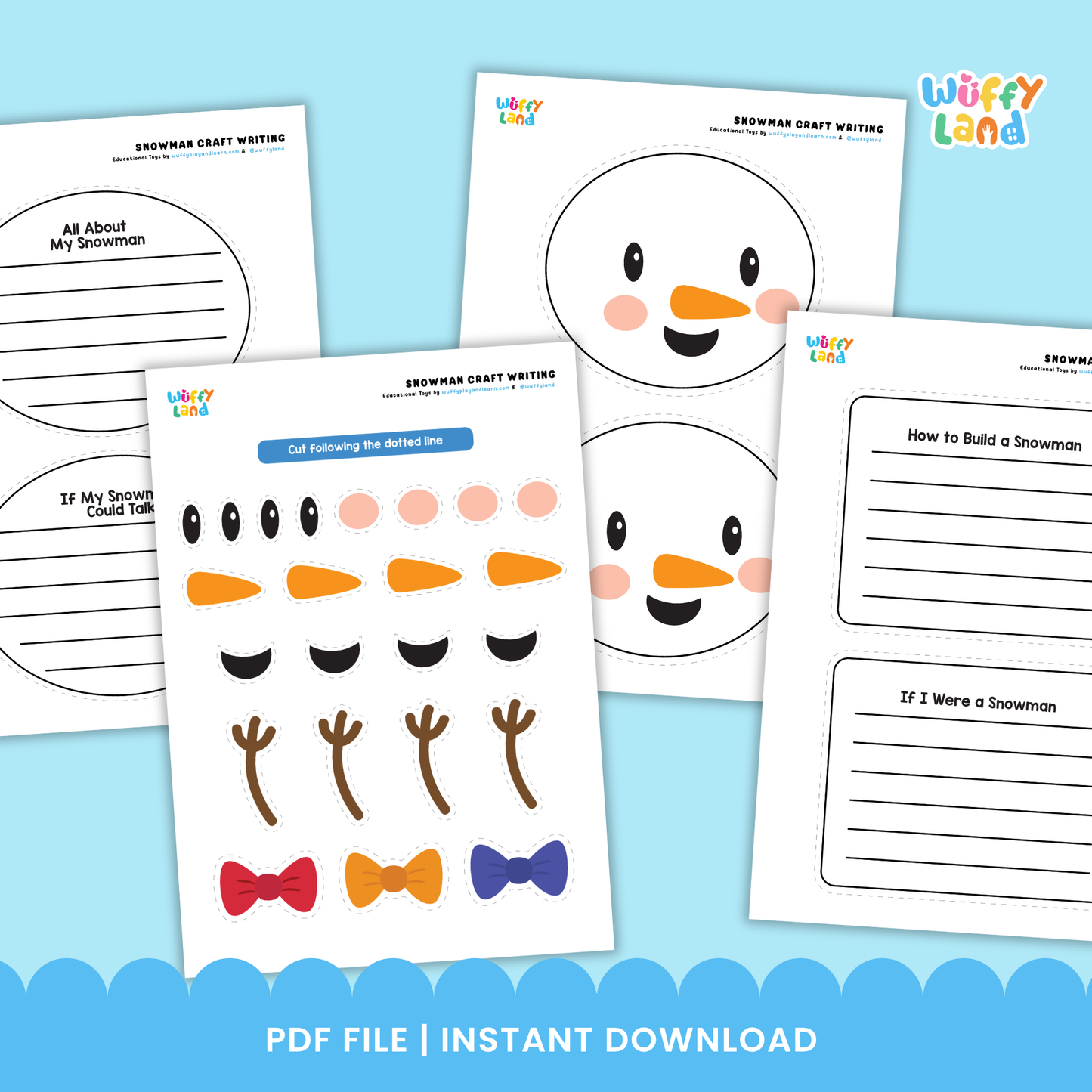 A printable snowman writing craft for kids featuring a snowman body with lined writing space, a separate writing prompt sheet titled “If My Snowman Could Talk,” and cut-and-paste accessories including a hat, eyes, carrot nose, bow, arms, and crayons.