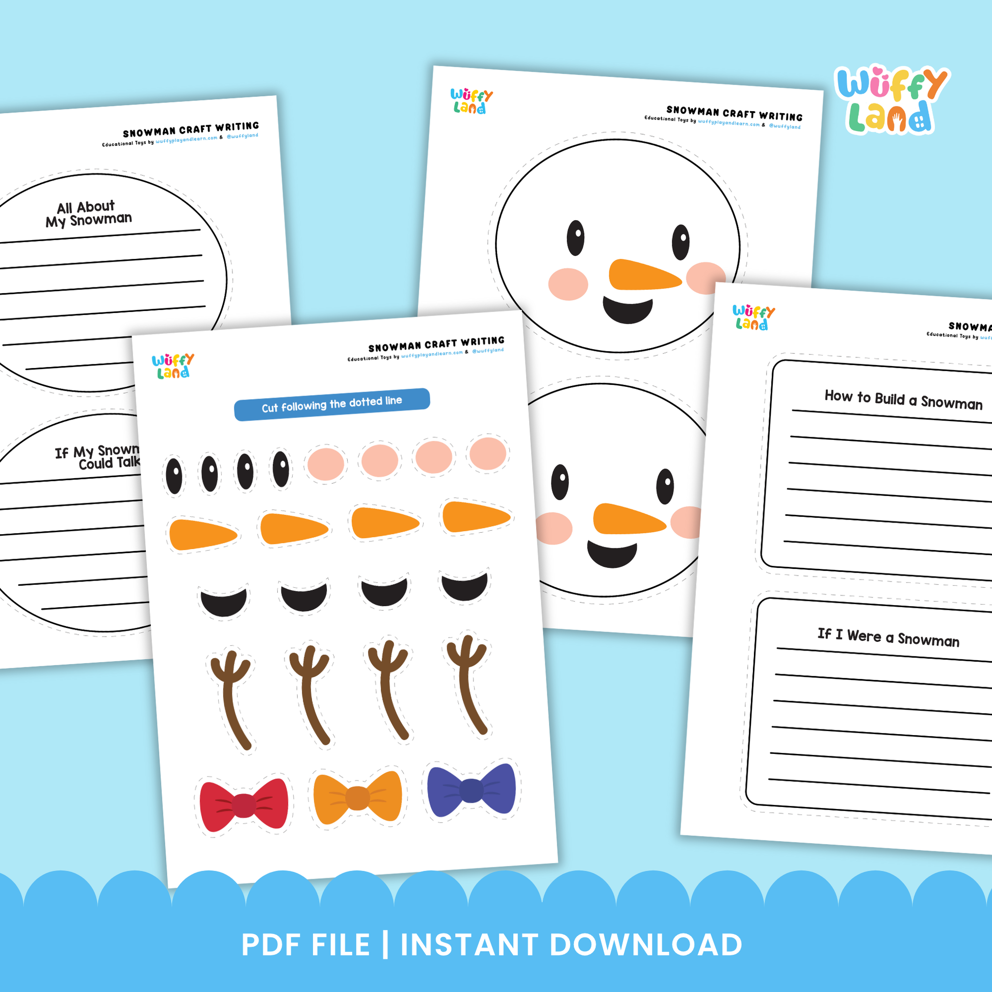 A printable snowman writing craft for kids featuring a snowman body with lined writing space, a separate writing prompt sheet titled “If My Snowman Could Talk,” and cut-and-paste accessories including a hat, eyes, carrot nose, bow, arms, and crayons.