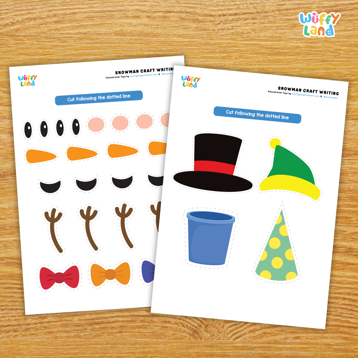 A printable snowman writing craft for kids featuring a snowman body with lined writing space, a separate writing prompt sheet titled “If My Snowman Could Talk,” and cut-and-paste accessories including a hat, eyes, carrot nose, bow, arms, and crayons