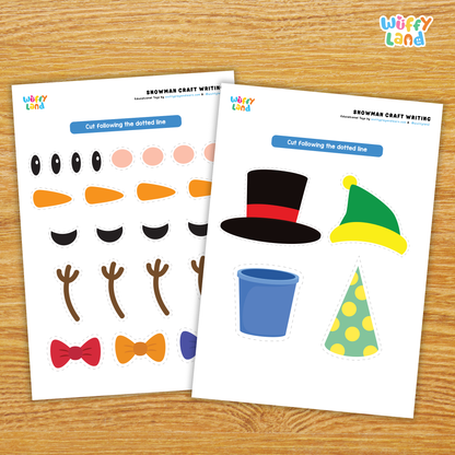 A printable snowman writing craft for kids featuring a snowman body with lined writing space, a separate writing prompt sheet titled “If My Snowman Could Talk,” and cut-and-paste accessories including a hat, eyes, carrot nose, bow, arms, and crayons