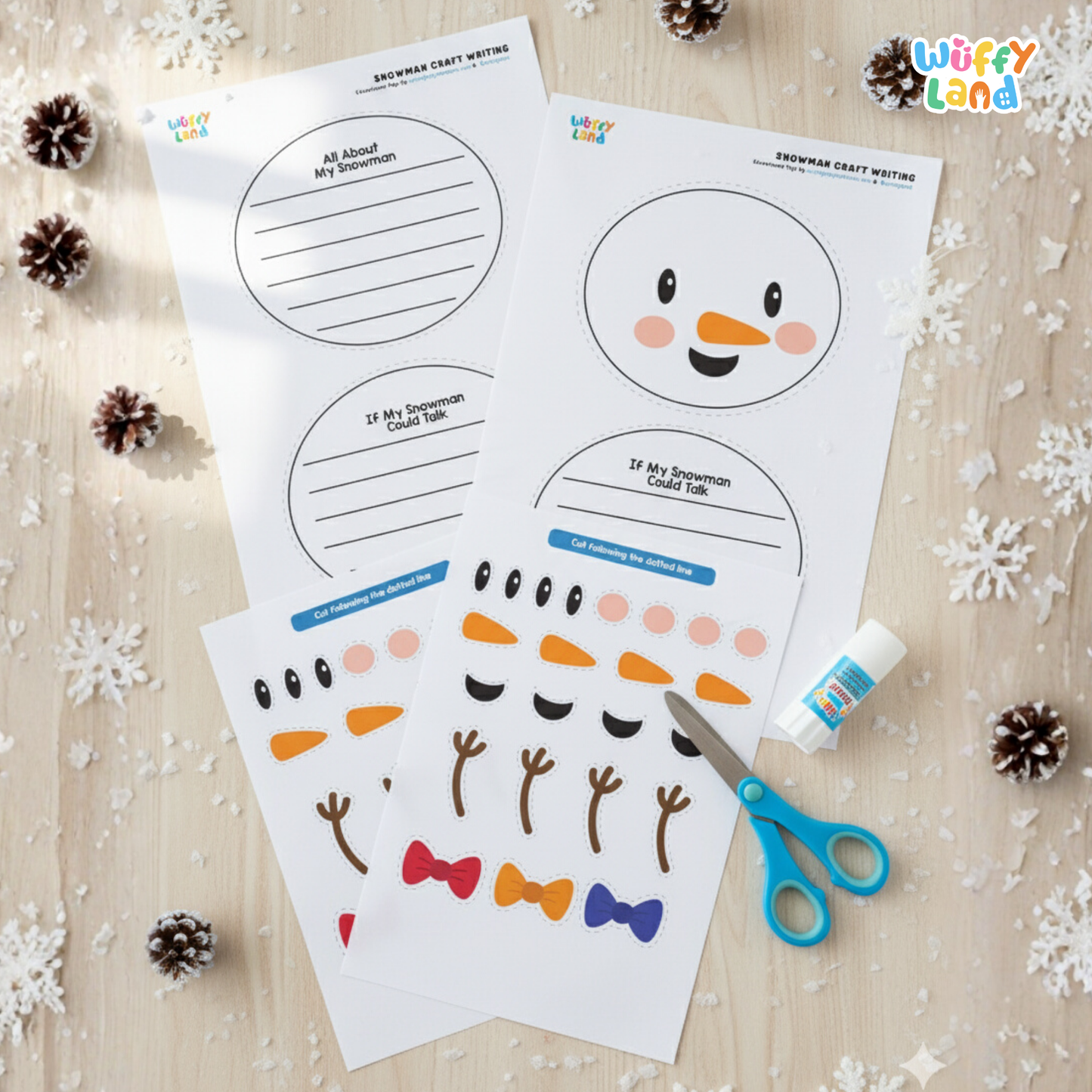 A printable snowman writing craft for kids featuring a snowman body with lined writing space, a separate writing prompt sheet titled “If My Snowman Could Talk,” and cut-and-paste accessories including a hat, eyes, carrot nose, bow, arms, and crayons