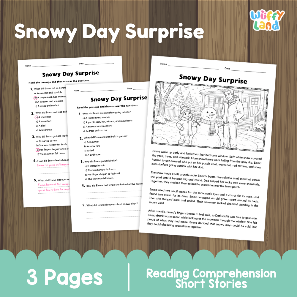 Snowy Day Surprise Reading Comprehension Passage and Questions Worksheets