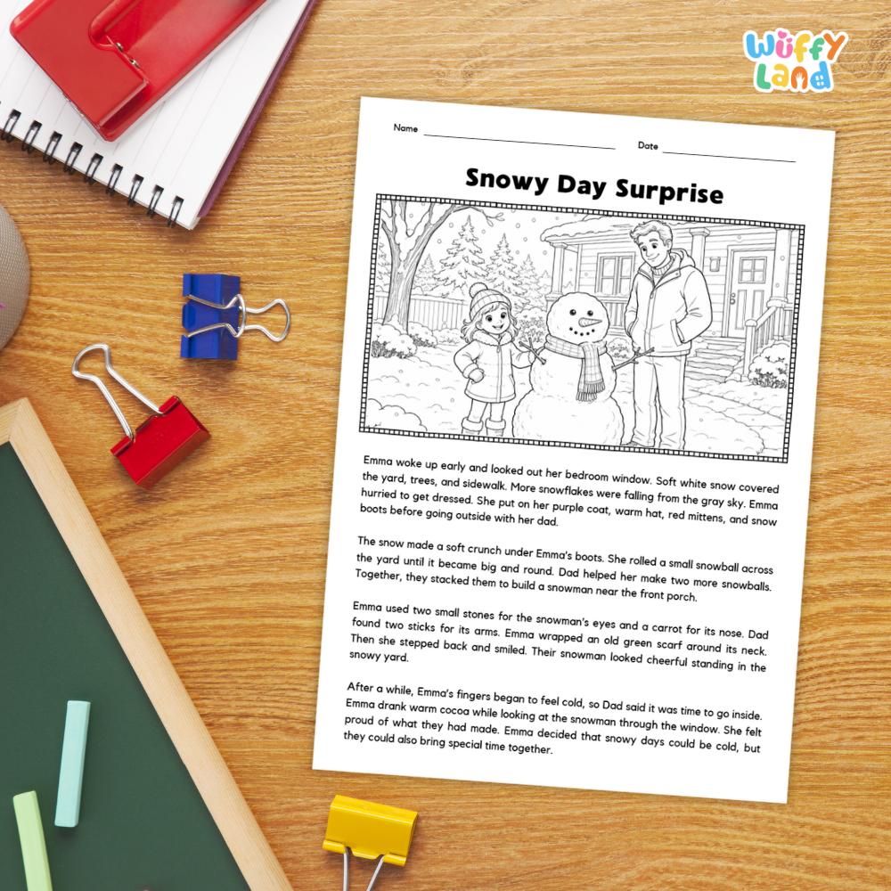 Snowy Day Surprise Reading Comprehension Passage and Questions Worksheets