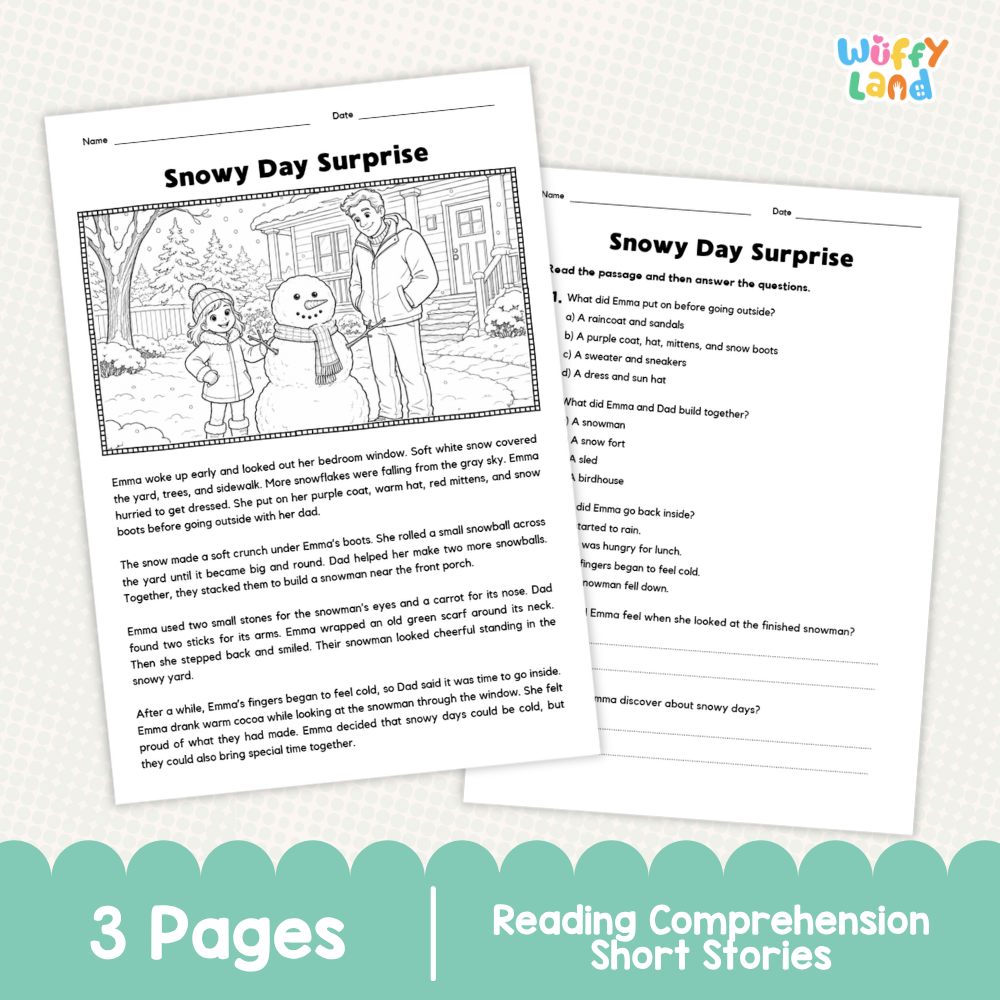 Two printable worksheet pages titled 'Snowy Day Surprise' shown on a white background with a teal banner reading '3 Pages' and 'Reading Comprehension Short Stories.' The pages contain a black-and-white snowy scene illustration and text comprehension questions.