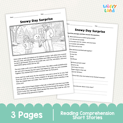 Two printable worksheet pages titled 'Snowy Day Surprise' shown on a white background with a teal banner reading '3 Pages' and 'Reading Comprehension Short Stories.' The pages contain a black-and-white snowy scene illustration and text comprehension questions.