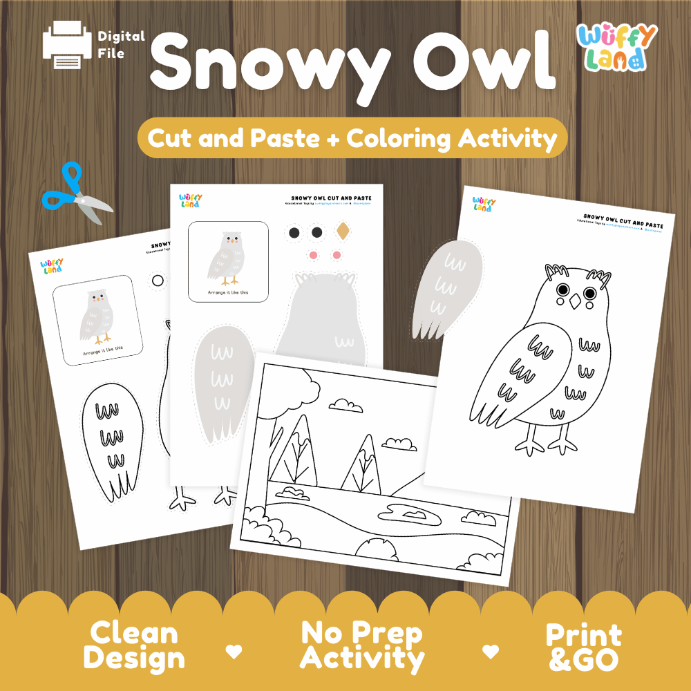 Snowy Owl Cut and Paste Craft and Coloring Activity Worksheets