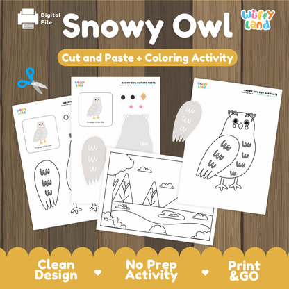 Snowy Owl Cut and Paste Craft and Coloring Activity Worksheets