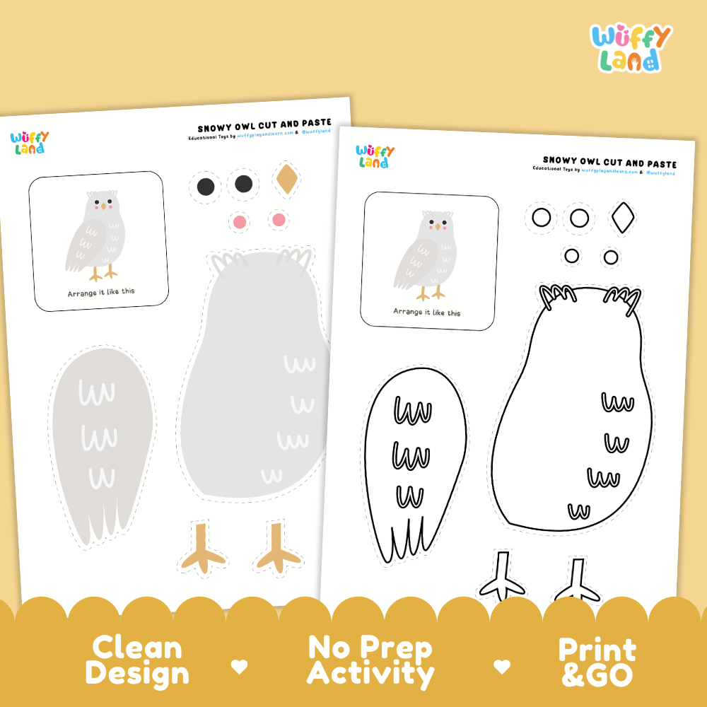 Snowy Owl Cut and Paste Craft and Coloring Activity Worksheets