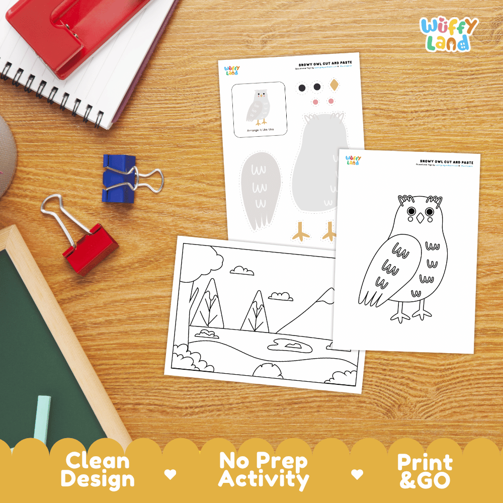 Snowy Owl Cut and Paste Craft and Coloring Activity Worksheets