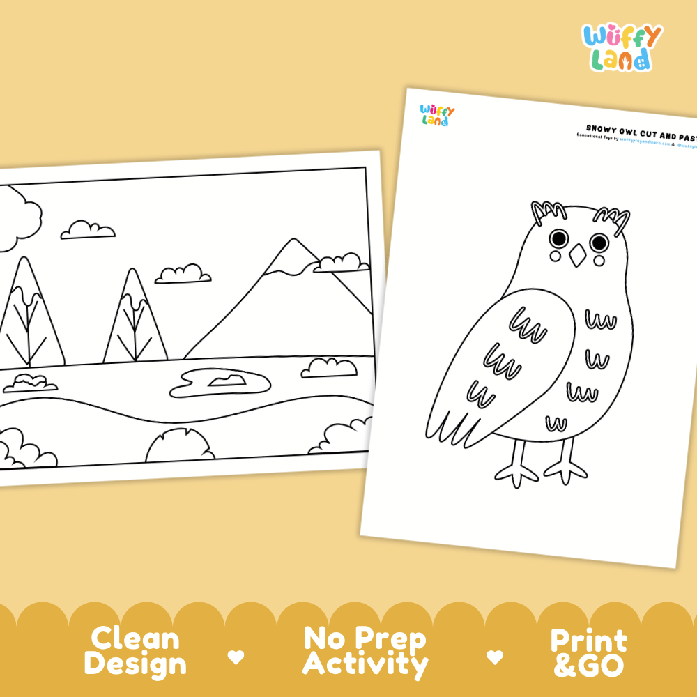 Snowy Owl Cut and Paste Craft and Coloring Activity Worksheets