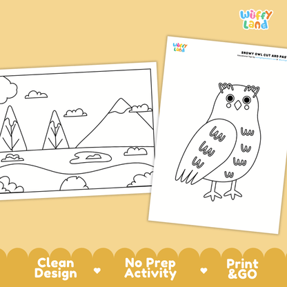 Snowy Owl Cut and Paste Craft and Coloring Activity Worksheets