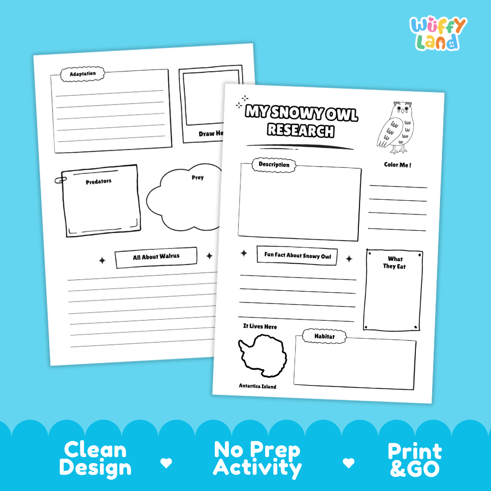 Two printable worksheet pages for children about snowy owls, shown on a bright blue background with decorative text reading 'Clean Design', 'No Prep Activity', and 'Print & GO'. The pages contain labeled boxes for description, habitat, food, adaptations, prey, and other snowy owl facts, plus the 'Wuffly Land' logo in the top right.