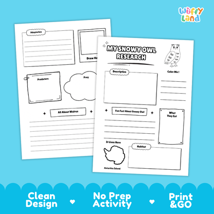 Two printable worksheet pages for children about snowy owls, shown on a bright blue background with decorative text reading 'Clean Design', 'No Prep Activity', and 'Print & GO'. The pages contain labeled boxes for description, habitat, food, adaptations, prey, and other snowy owl facts, plus the 'Wuffly Land' logo in the top right.