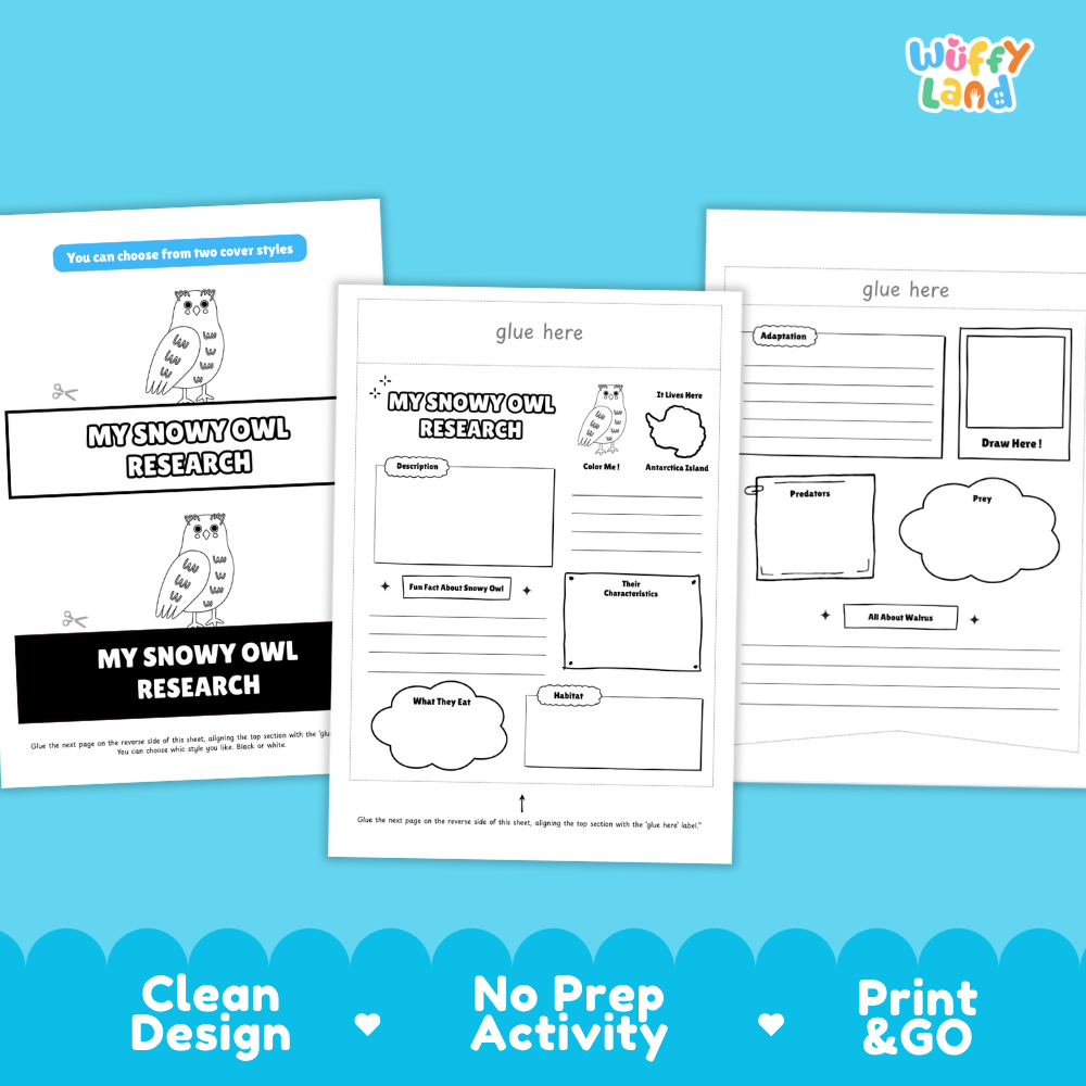 Three printable activity sheets for writing about a snowy owl are shown on a bright blue background. The center sheet reads 'glue here' and has boxes for description, evidence, questions, and facts.