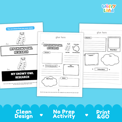 Three printable activity sheets for writing about a snowy owl are shown on a bright blue background. The center sheet reads 'glue here' and has boxes for description, evidence, questions, and facts.