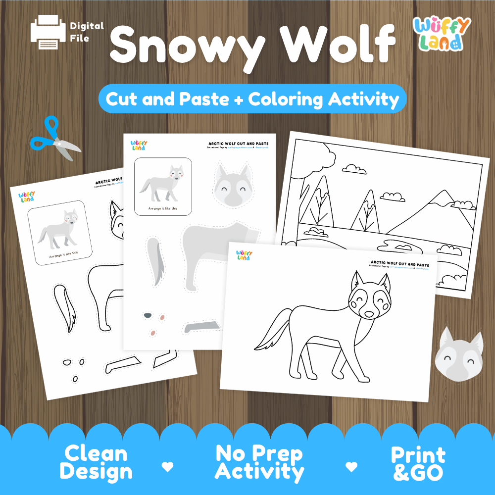 Snowy Wolf Cut and Paste Craft and Coloring Activity Worksheets