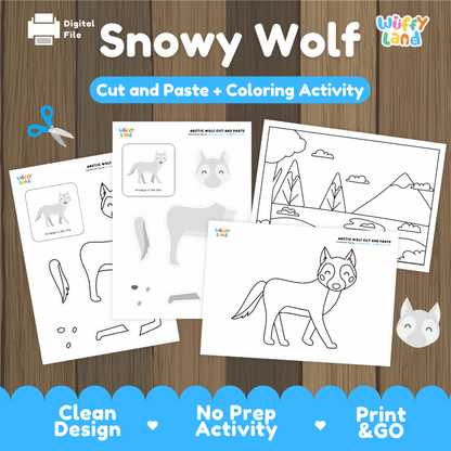 Snowy Wolf Cut and Paste Craft and Coloring Activity Worksheets