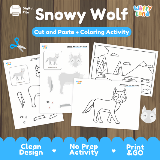 Snowy Wolf Cut and Paste Craft and Coloring Activity Worksheets