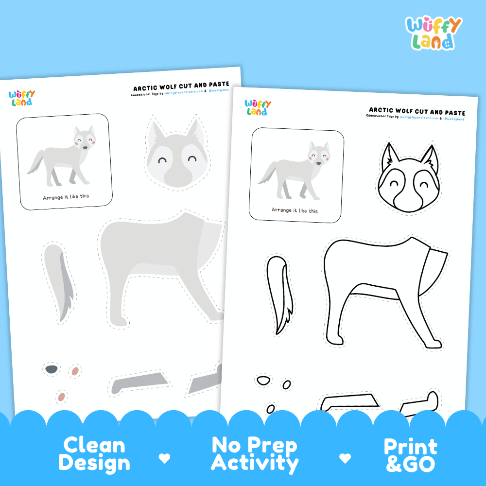 Snowy Wolf Cut and Paste Craft and Coloring Activity Worksheets