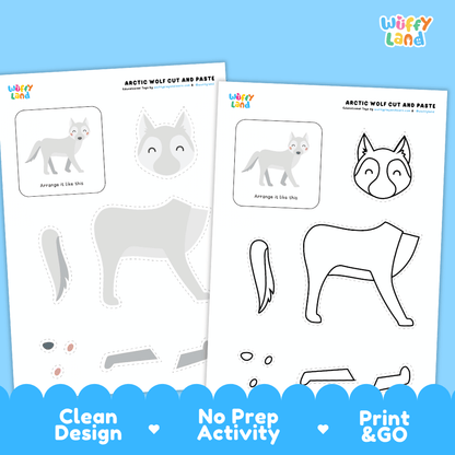 Snowy Wolf Cut and Paste Craft and Coloring Activity Worksheets