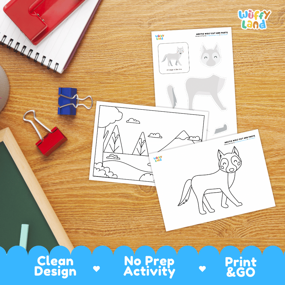 Snowy Wolf Cut and Paste Craft and Coloring Activity Worksheets