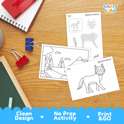 Snowy Wolf Cut and Paste Craft and Coloring Activity Worksheets
