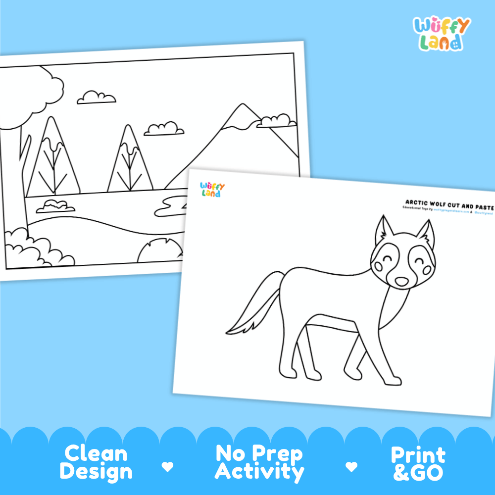 Snowy Wolf Cut and Paste Craft and Coloring Activity Worksheets