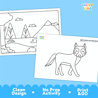Snowy Wolf Cut and Paste Craft and Coloring Activity Worksheets