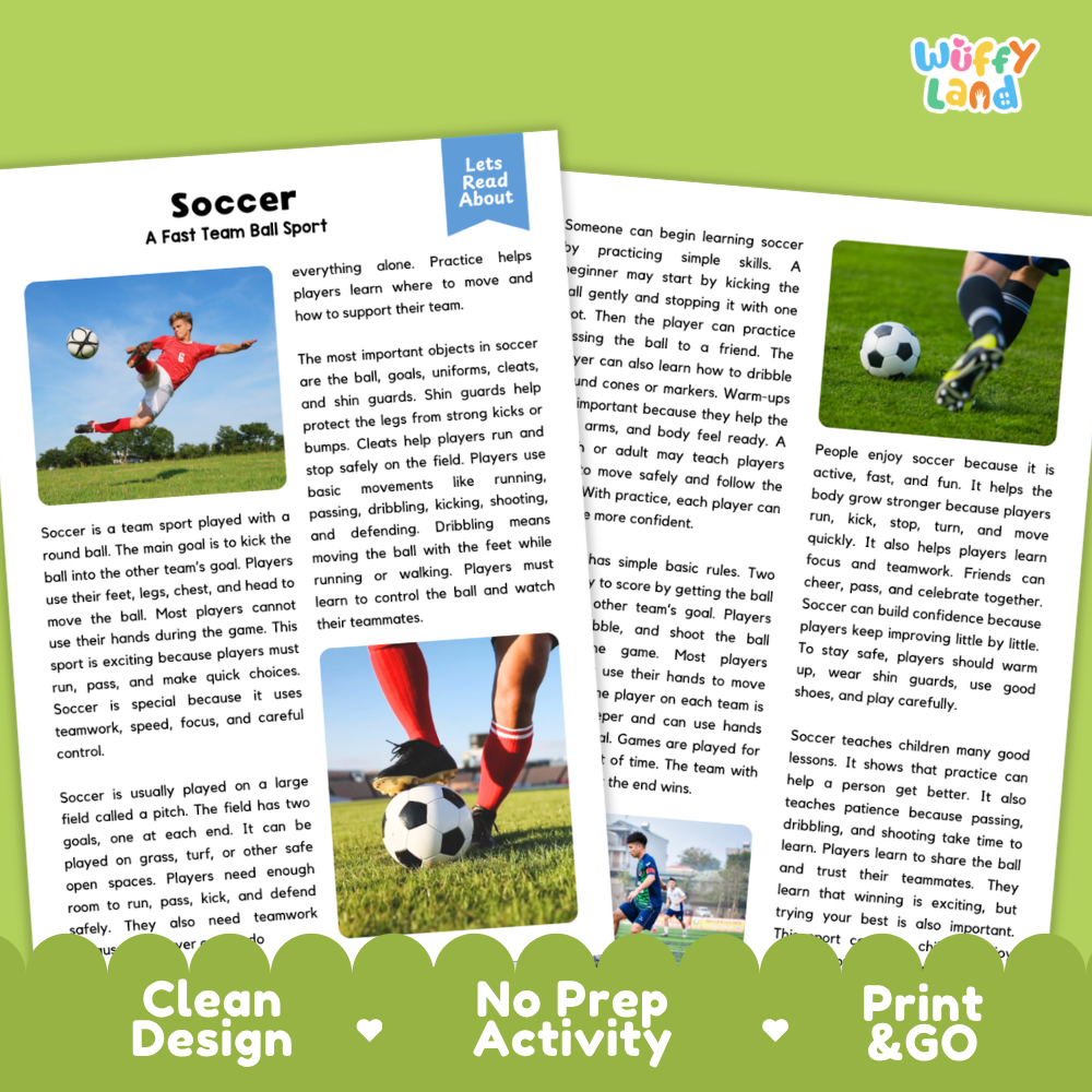 Soccer Sports Reading Passages and Comprehension Questions Worksheets