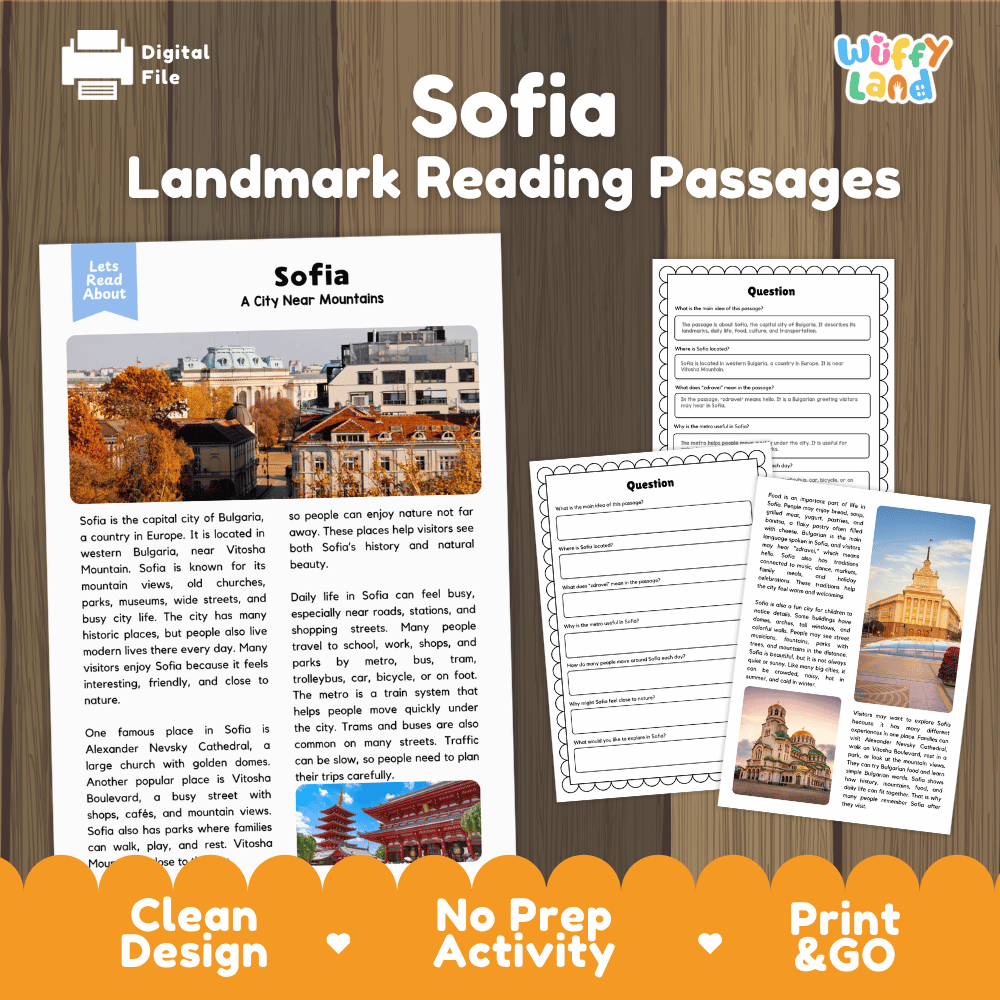 Sofia landmark reading passage and comprehension worksheet educational unit featuring nonfiction text and authentic Sofia Bulgaria city photography