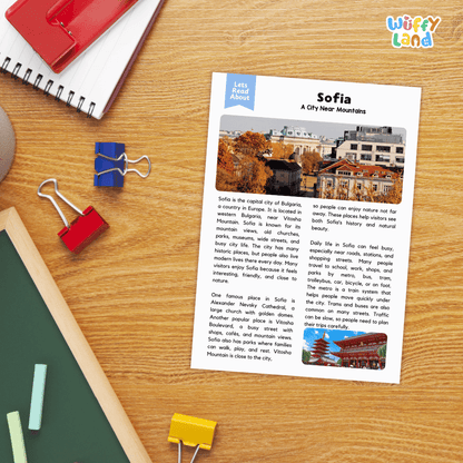 Lined reading comprehension question worksheet covering main ideas vocabulary terms and landmark facts about Sofia Bulgaria