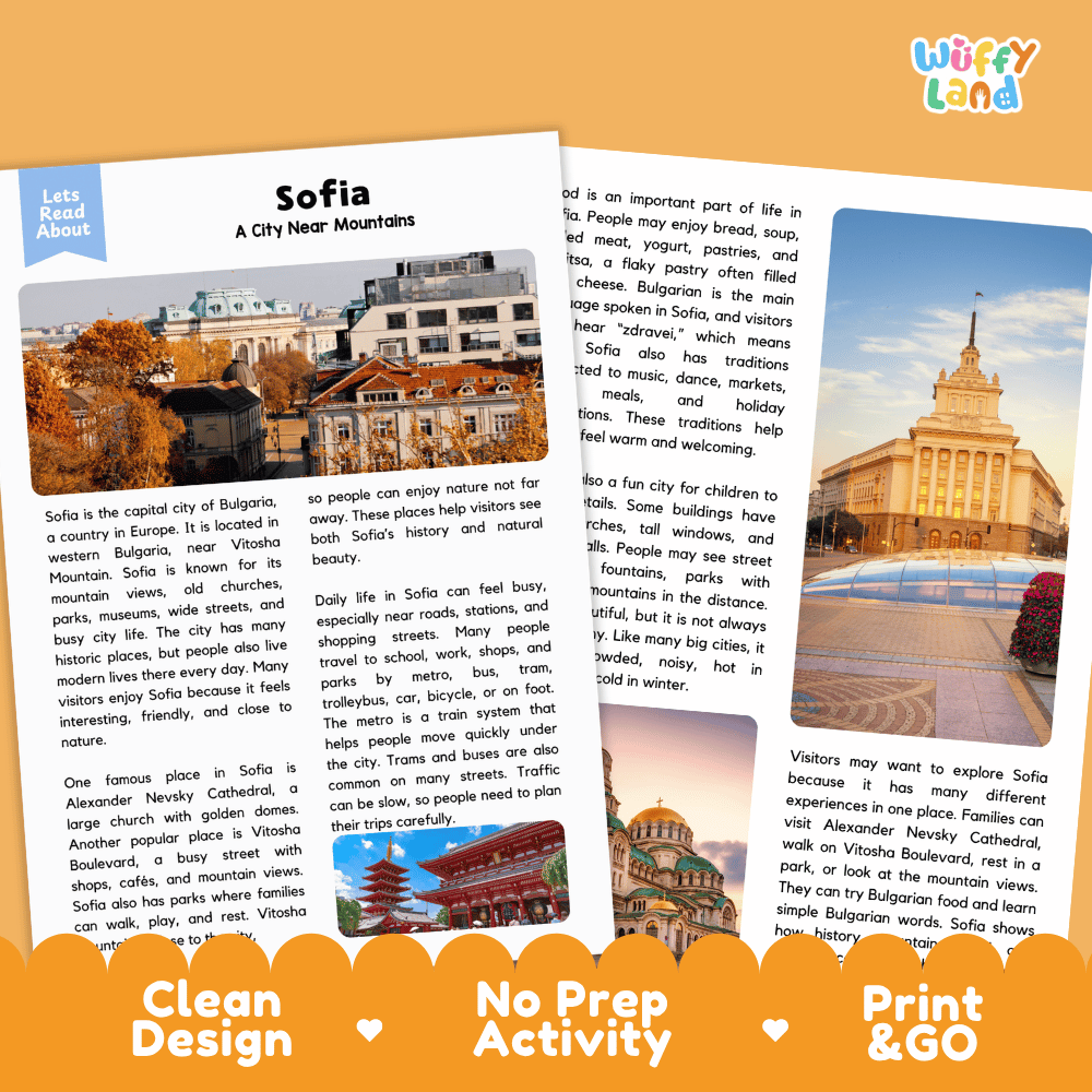 Reference sheet and answer key for Sofia landmark reading passage displaying completed comprehension answers and European geography facts