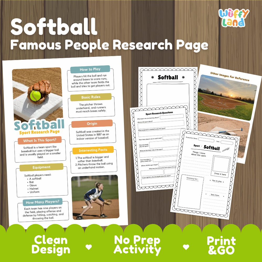 Softball Sport Research Project Worksheets and Fact Sheet