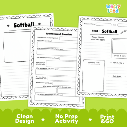 Softball Sport Research Project Worksheets and Fact Sheet
