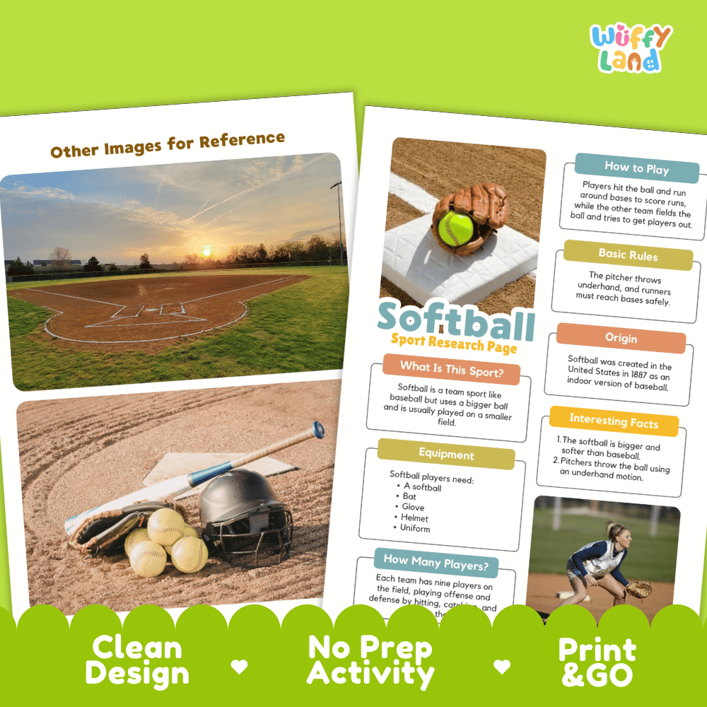 Two printed informational sheets about softball displayed on a bright green background. The sheets include photos of a softball field, baseballs and bat, and text boxes explaining how to play, basic rules, origin, and interesting facts.