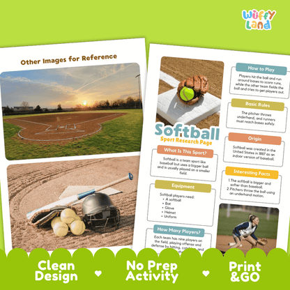 Two printed informational sheets about softball displayed on a bright green background. The sheets include photos of a softball field, baseballs and bat, and text boxes explaining how to play, basic rules, origin, and interesting facts.