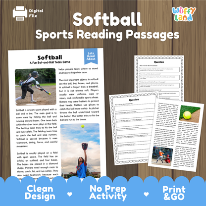 Softball Sports Reading Passages and Comprehension Questions Worksheets