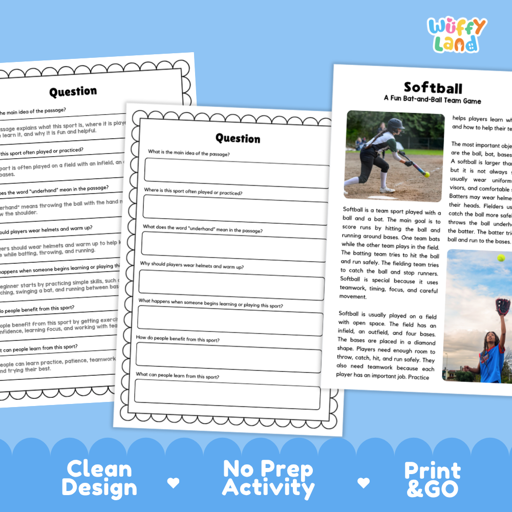 Softball Sports Reading Passages and Comprehension Questions Worksheets