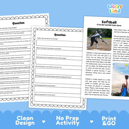 Softball Sports Reading Passages and Comprehension Questions Worksheets