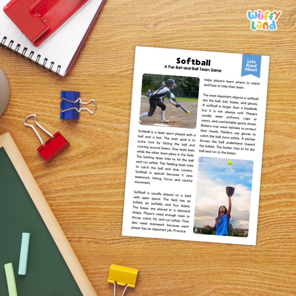 Softball Sports Reading Passages and Comprehension Questions Worksheets