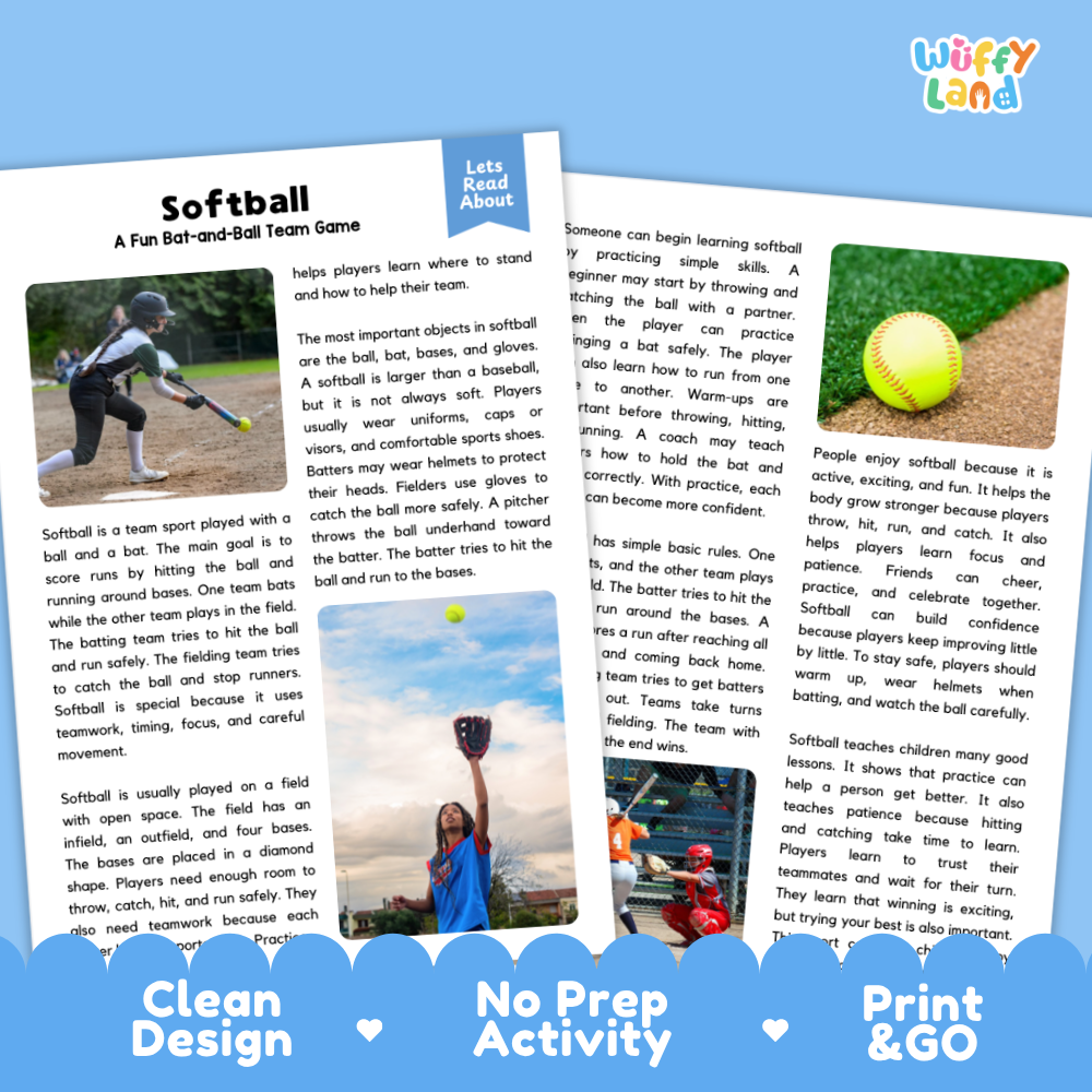 Softball Sports Reading Passages and Comprehension Questions Worksheets