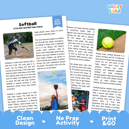 Softball Sports Reading Passages and Comprehension Questions Worksheets