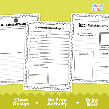 Softshell Turtle Animal Research Worksheets and Informational Fact Sheets