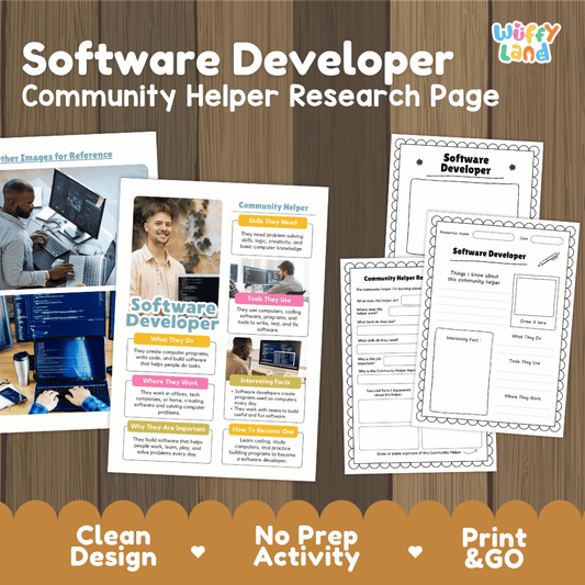 Software developer community helper research page writing worksheets pack featuring real photos and student activity pages for elementary social studies and STEM