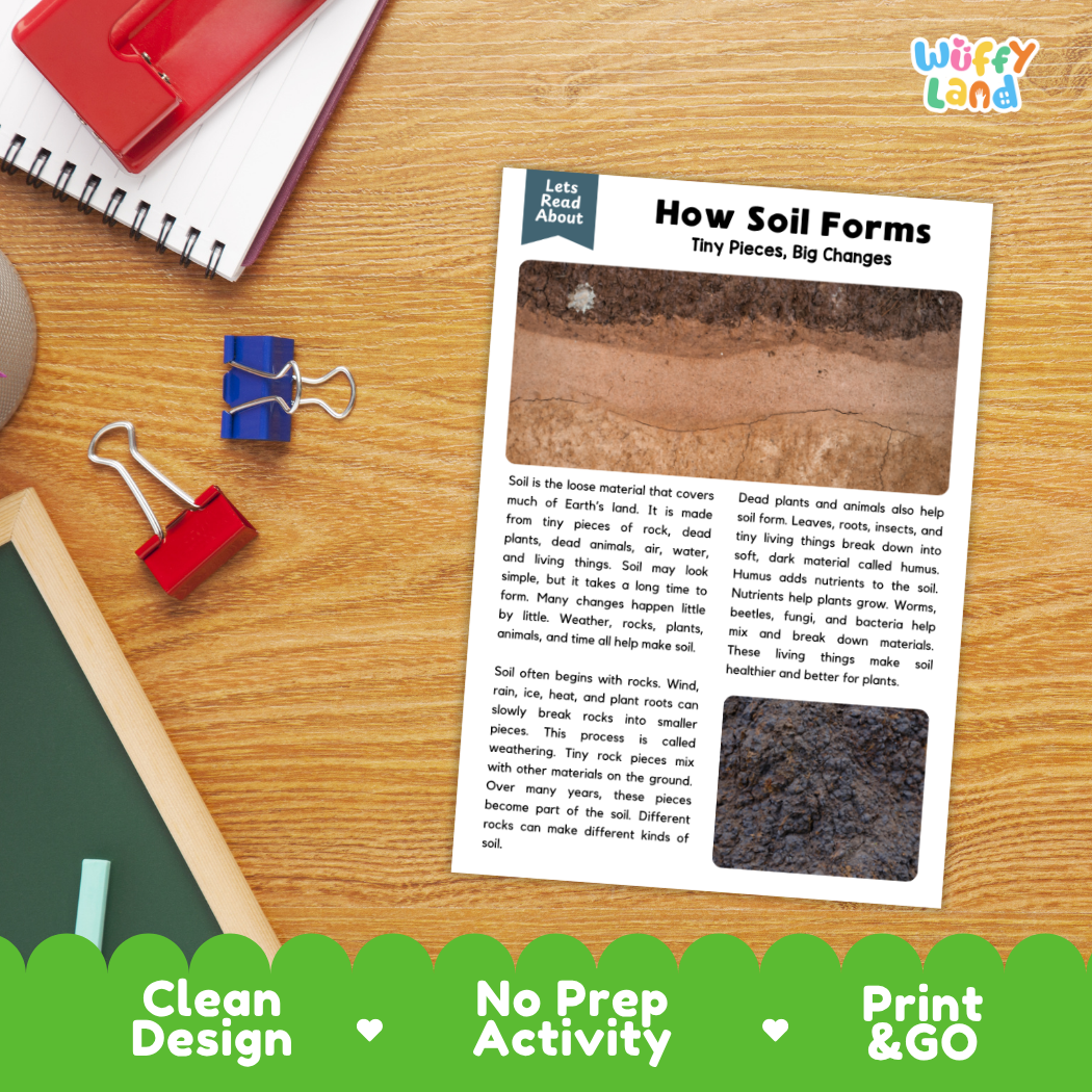 Printable student worksheet with short-answer reading comprehension questions covering soil science and earth layers