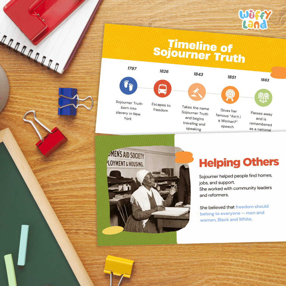 An educational poster titled 'Timeline of Sojourner Truth' displayed on a wooden desk, surrounded by school supplies like a red notebook, binder clips, and a green chalkboard.