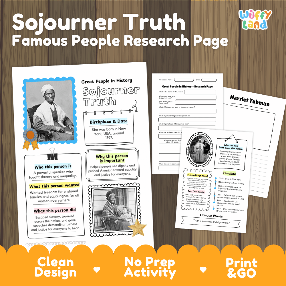 A product listing graphic for a 'Sojourner Truth Famous People Research Page' by Wiffy Land, showing three printable worksheet pages laid out on a wood-grain background with promotional text banners at the bottom.