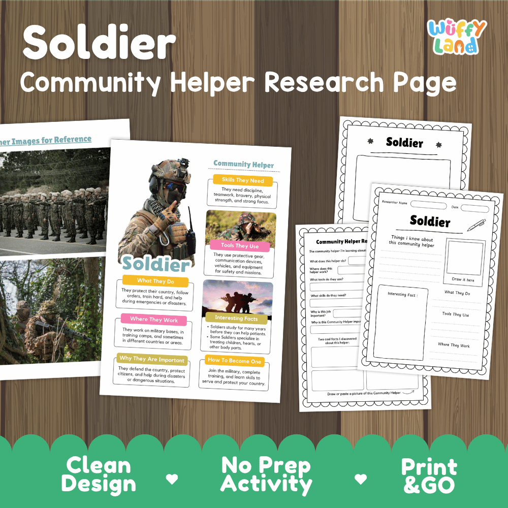 Soldier community helper research page writing worksheets pack featuring real photos and student activity pages for elementary social studies