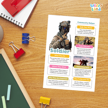 Guided student writing worksheets with lined sections for recording facts and a dedicated box for drawing or pasting a picture of a soldier