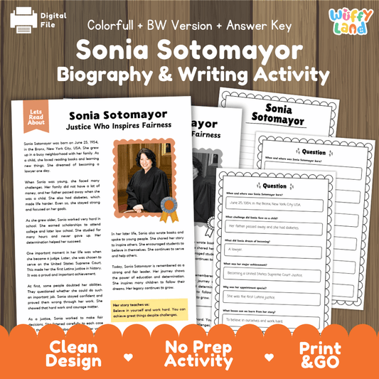 Digital printable activity sheet set for 'Sonia Sotomayor Biography & Writing Activity' by Uffy Land, featuring a colorful and black-and-white version with an answer key, displayed on a wooden background with promotional text banners.